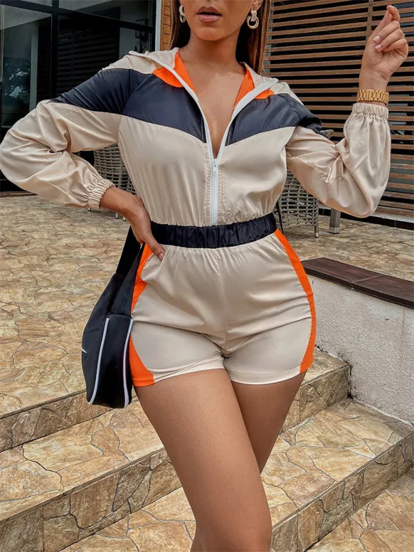 Colorblock Sporty Hooded Long Sleeve Romper