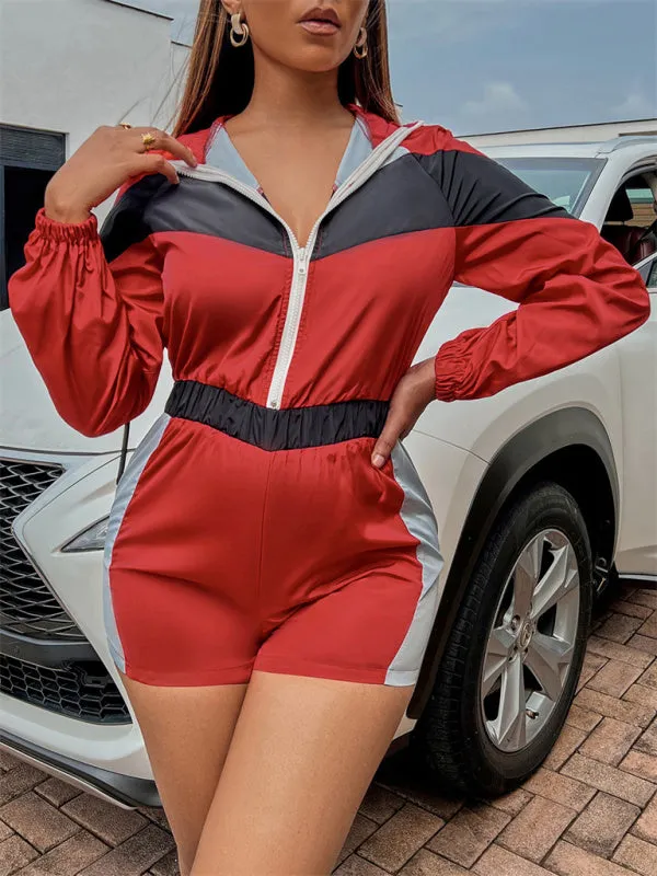 Colorblock Sporty Hooded Long Sleeve Romper