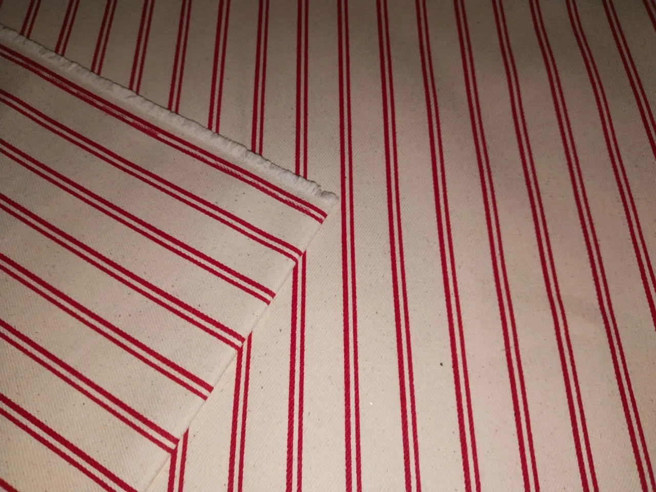 Cotton Denim Fabric ecru and red stripes 58" wide [16078]