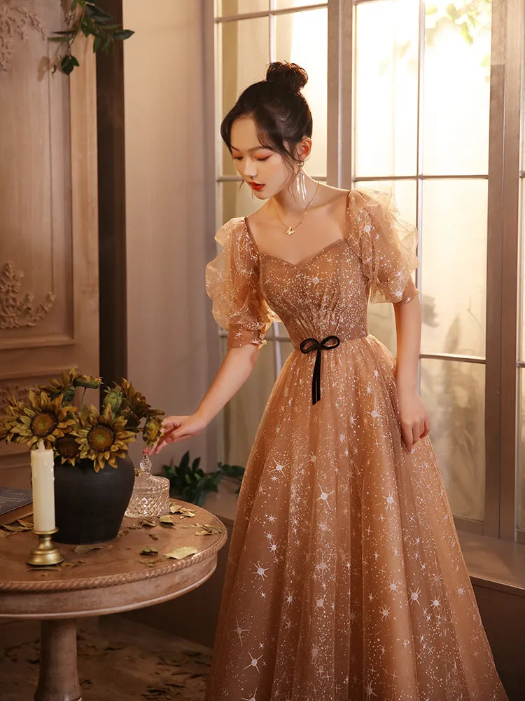 Cute Champagne A Line Tulle Shiny Prom Dress Short Sleeves Formal Evening Gown 226