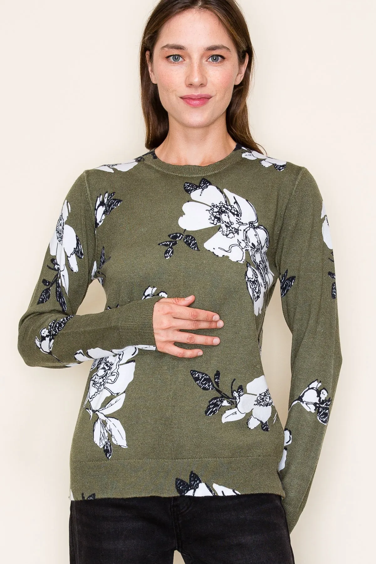 Dark Olive Floral Pullover - FINAL SALE