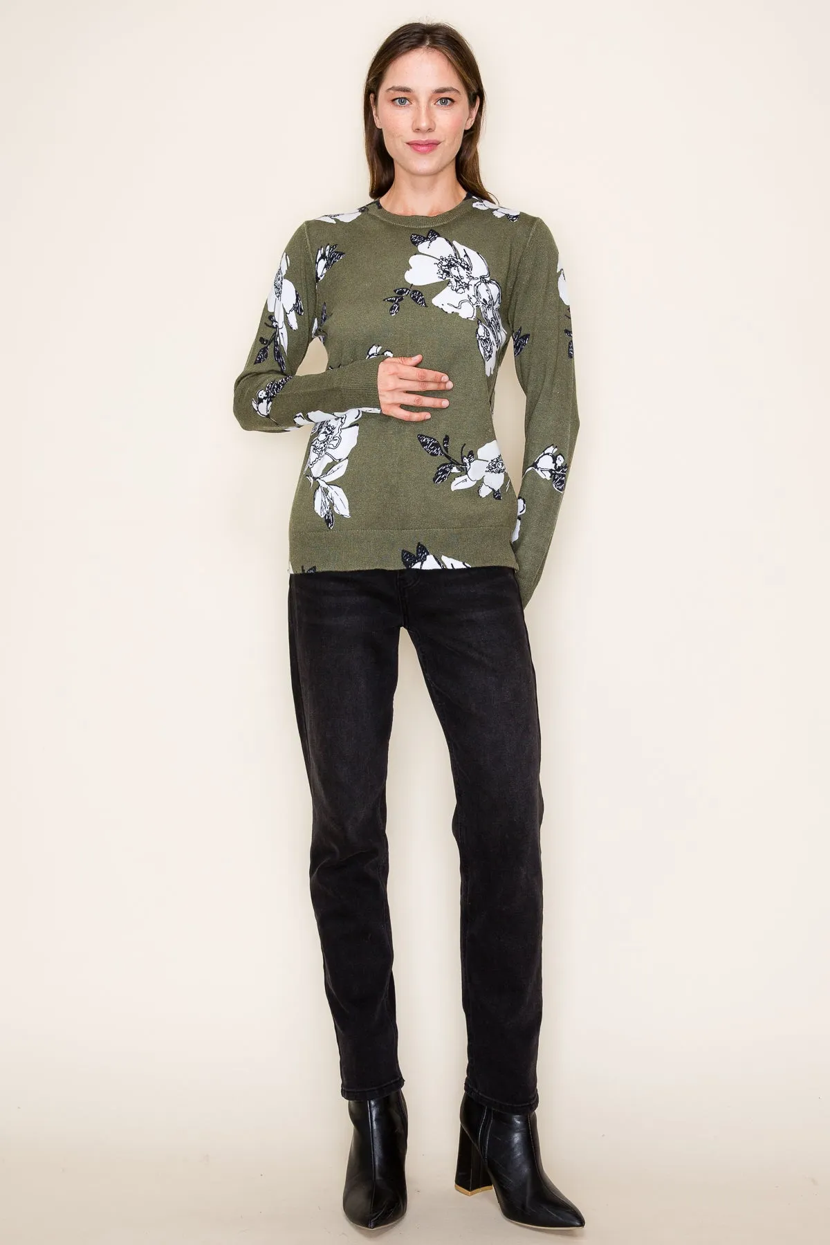 Dark Olive Floral Pullover - FINAL SALE