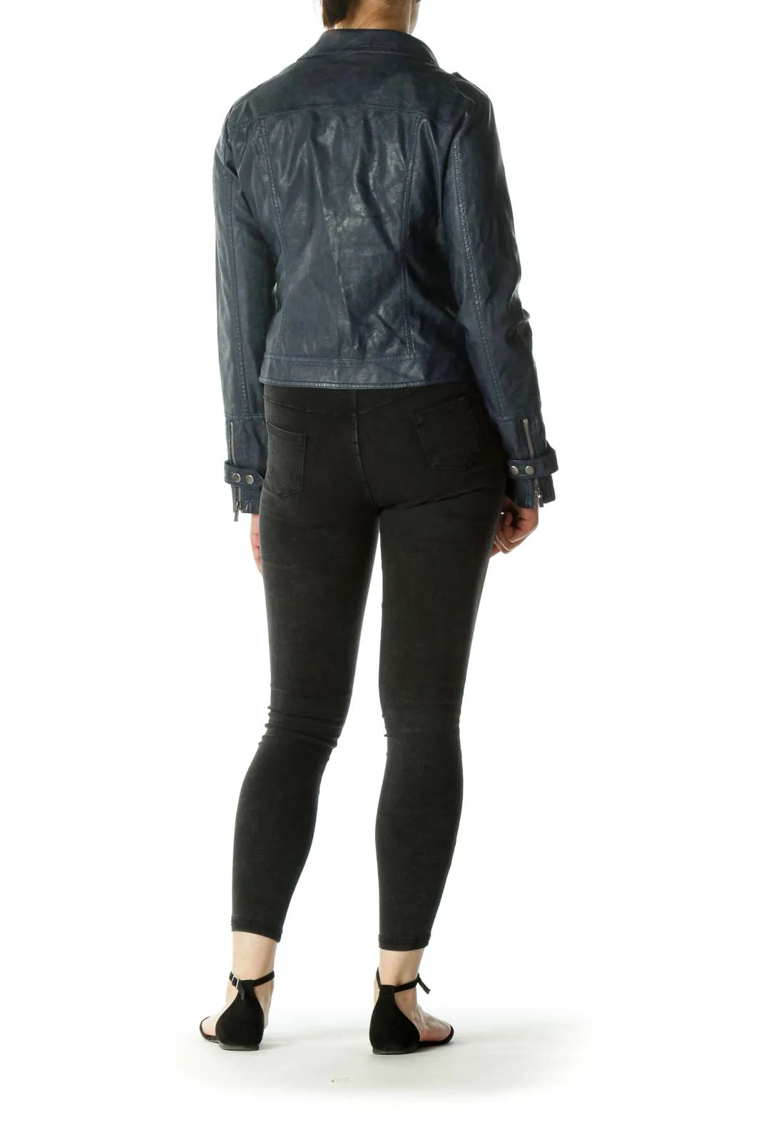 Deep Blue Faux-Leather Zippered Moto-Jacket