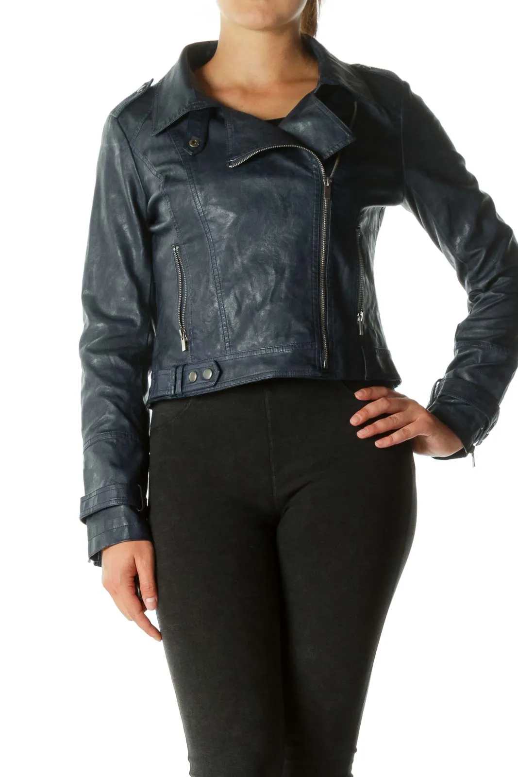 Deep Blue Faux-Leather Zippered Moto-Jacket