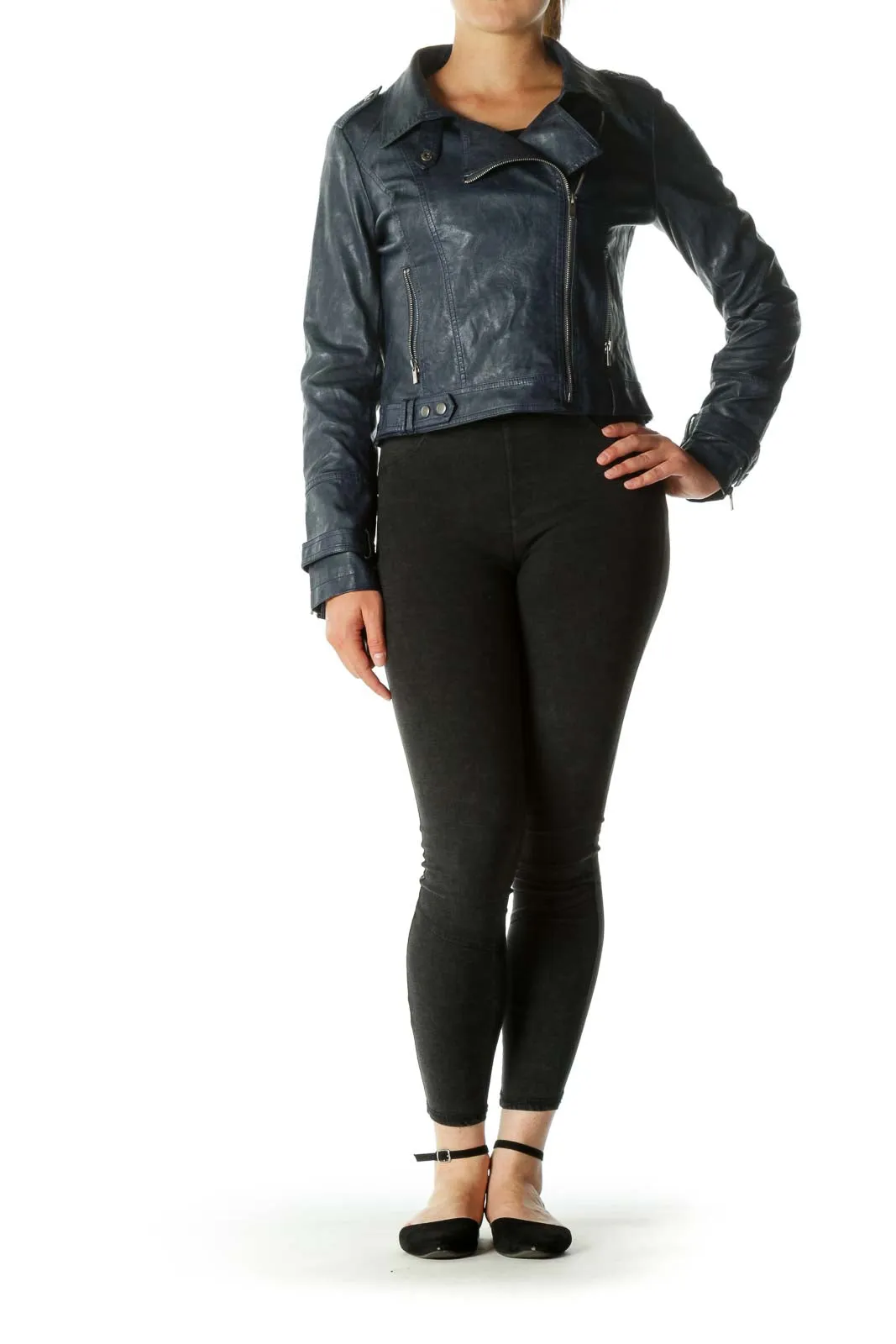 Deep Blue Faux-Leather Zippered Moto-Jacket