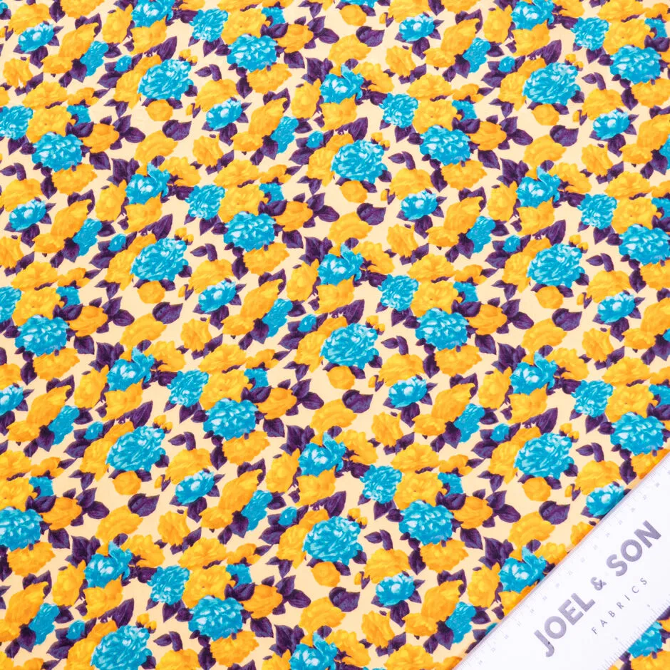 Deep Turquoise & Orange Floral Printed Silk Jacquard