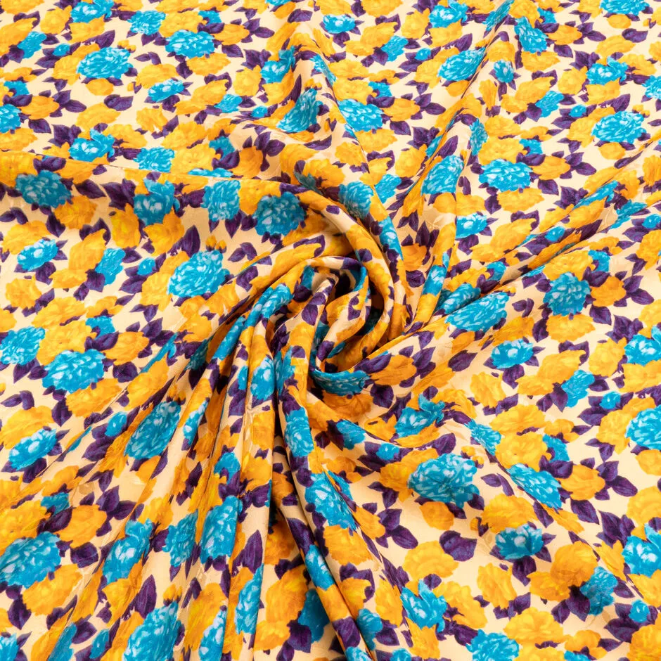 Deep Turquoise & Orange Floral Printed Silk Jacquard