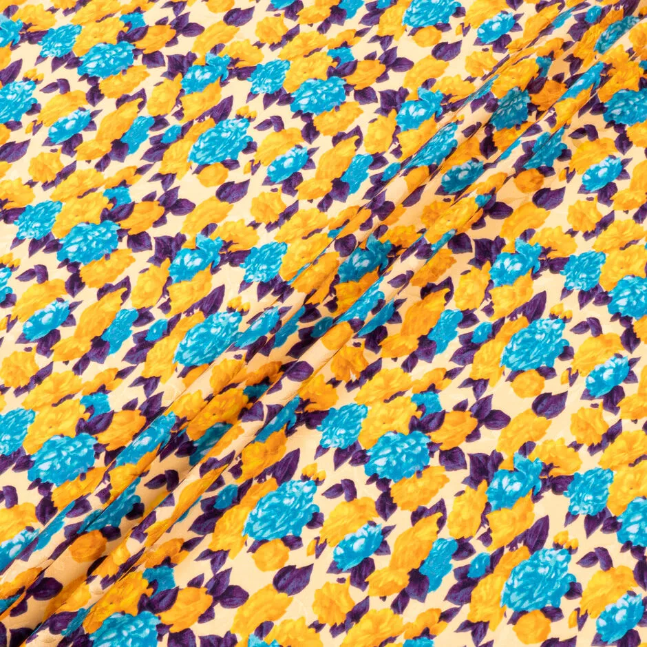 Deep Turquoise & Orange Floral Printed Silk Jacquard