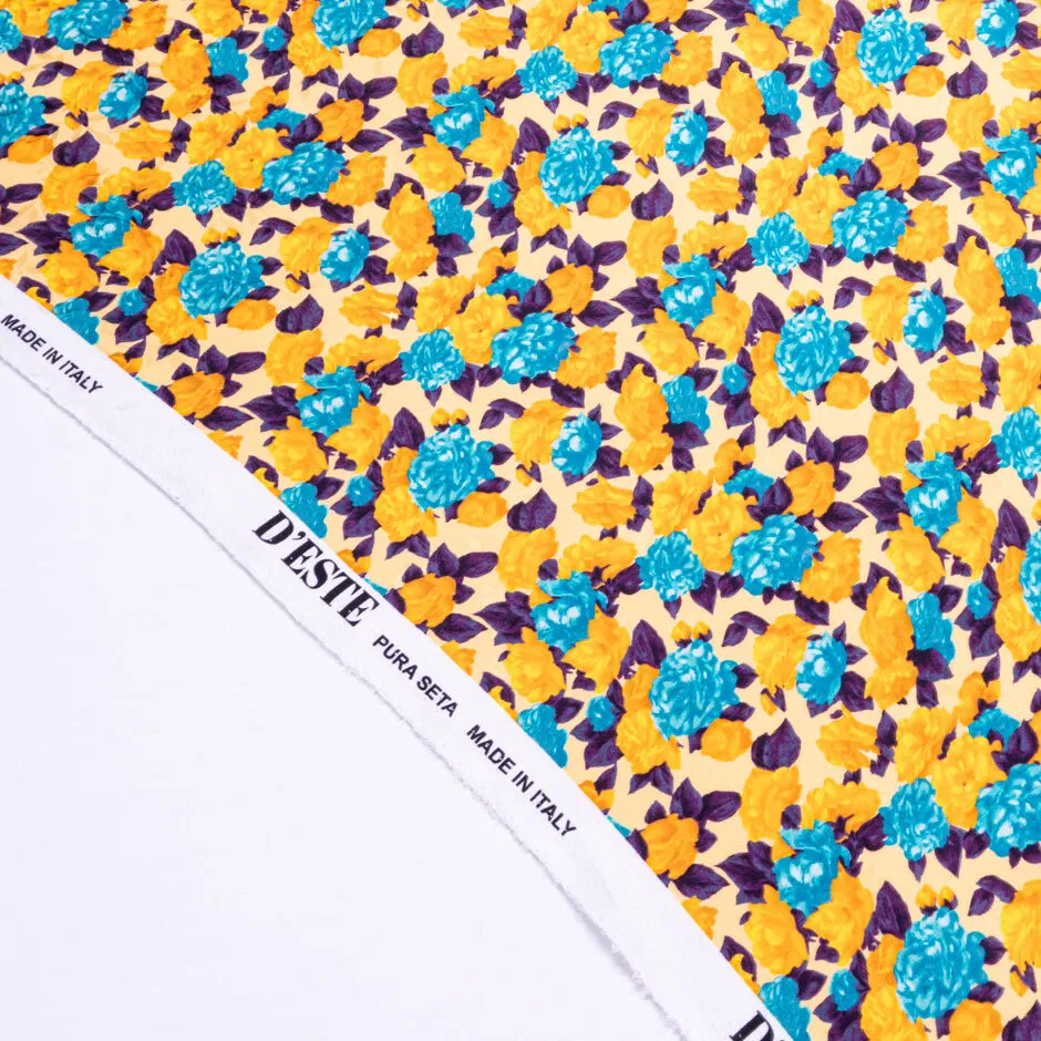 Deep Turquoise & Orange Floral Printed Silk Jacquard