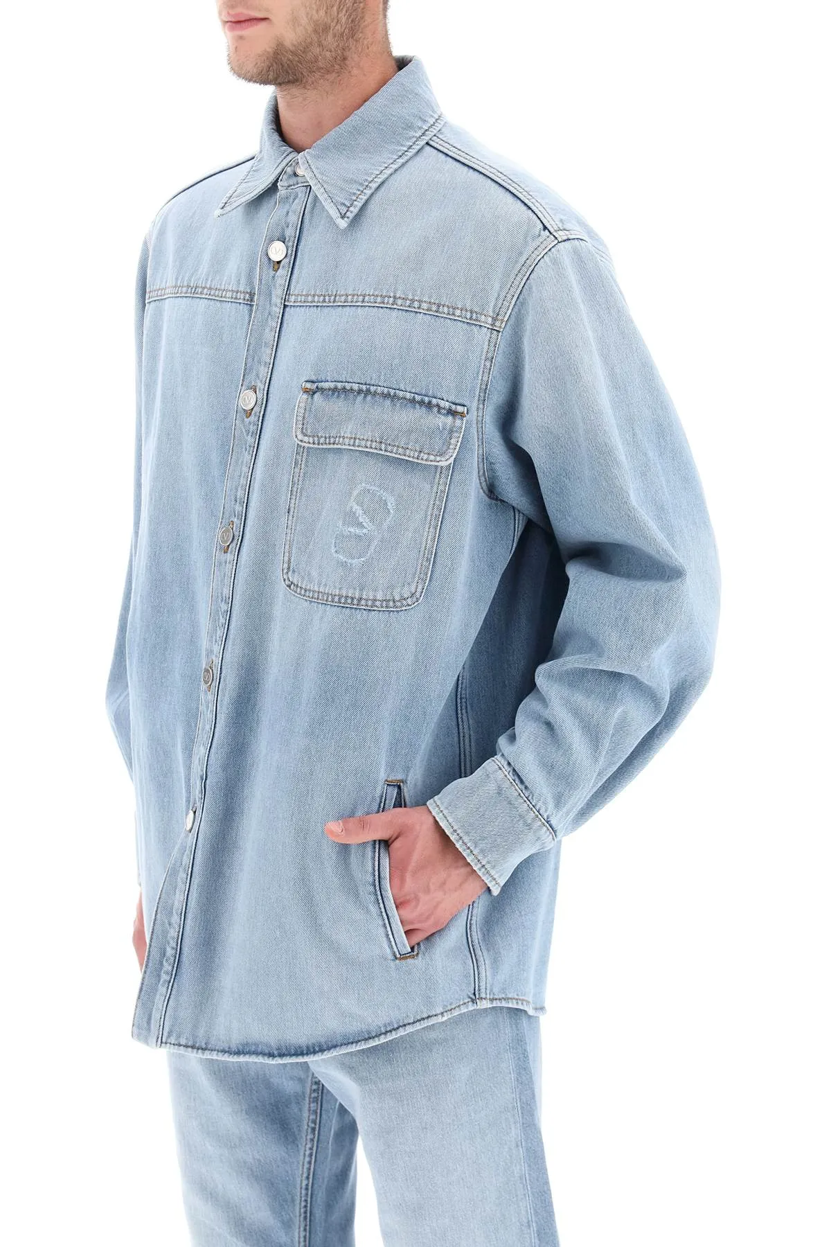 denim overshirt with stamped vlogo signature