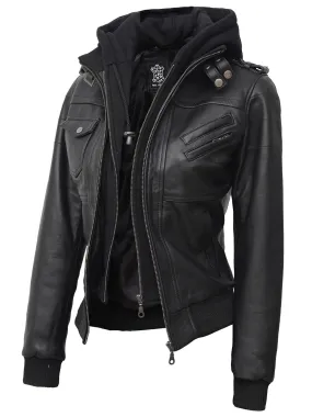 Edinburgh Tall Womens Black Hooded Leather Jacket