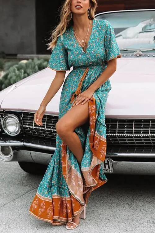 Floral Print Short Sleeve Maxi Dress