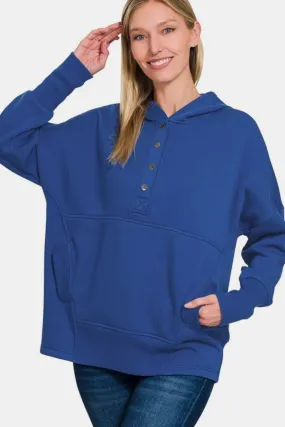 Half Snap Long Sleeve Hoodie with Kangaroo Pocket