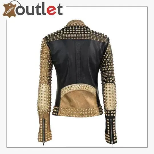 Handmade Womens Fashion Golden Studded Punk Style Leather Jacket