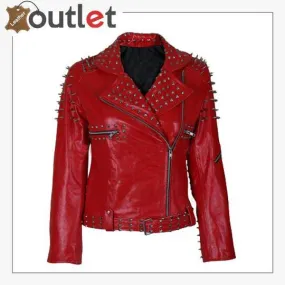 Handmade Womens Red Fashion Studded Punk Style Leather Jacket