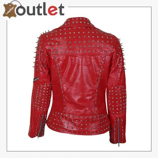 Handmade Womens Red Fashion Studded Punk Style Leather Jacket