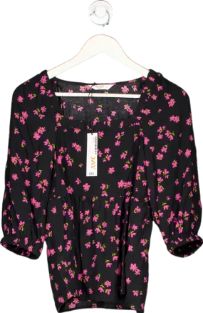 John Lewis Black Floral Smock Neck Blouse UK 6