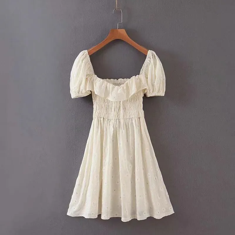 JuliaFashion - 2024 Vintage Beige Daisy Puff Sleeve Mini Dress