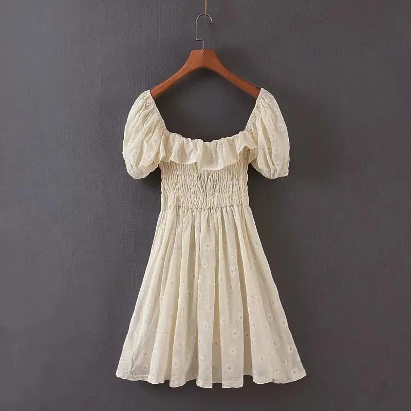 JuliaFashion - 2024 Vintage Beige Daisy Puff Sleeve Mini Dress