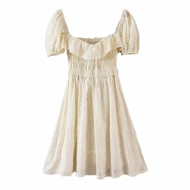 JuliaFashion - 2024 Vintage Beige Daisy Puff Sleeve Mini Dress