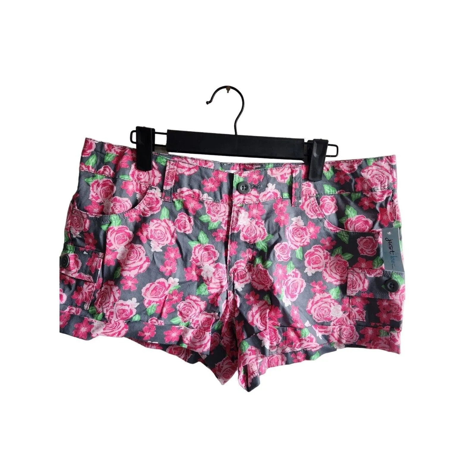 Just Be Juniors Sz M Pink Rose Print Chino Shorts Cargo Pocket NEW