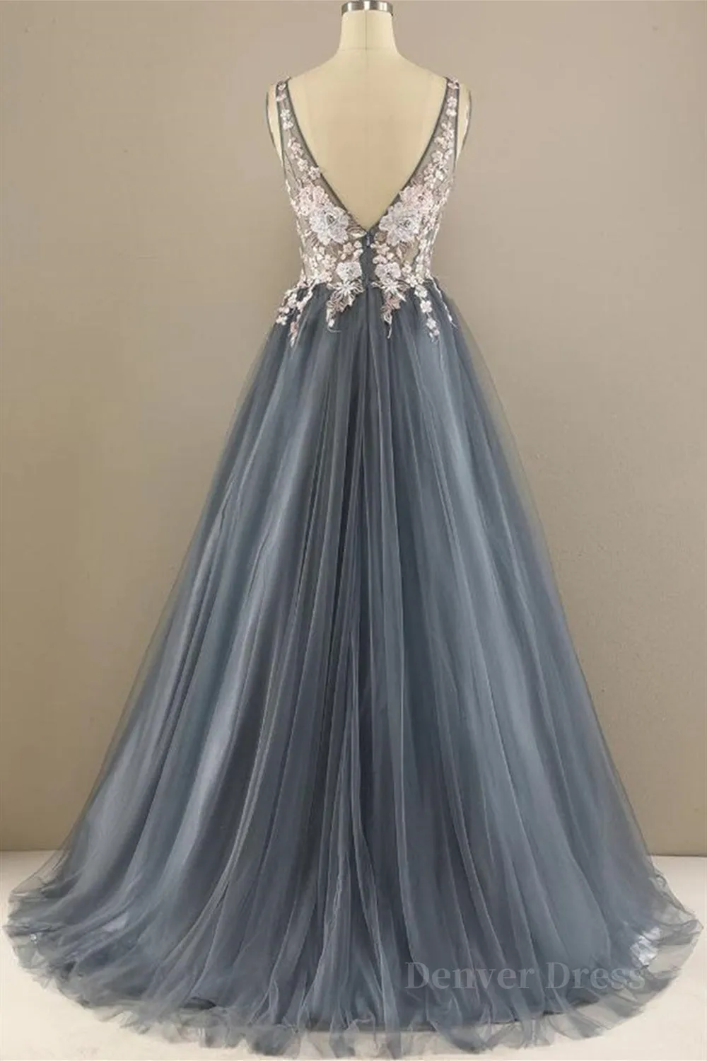 kamahe A Line V Neck Open Back Appliques Gray Long Prom Dresses, V Neck Grey Formal Dresses, Gray Evening Dresses