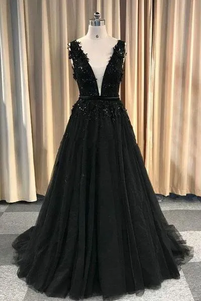 kamahe Formal Deep V-neck Long Black Party Prom Dresses With Lace Appliques