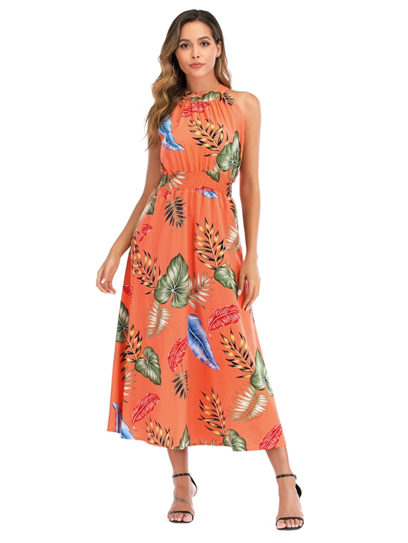 KittenAlarm - Boho Floral Elastic Waist Halter Dress