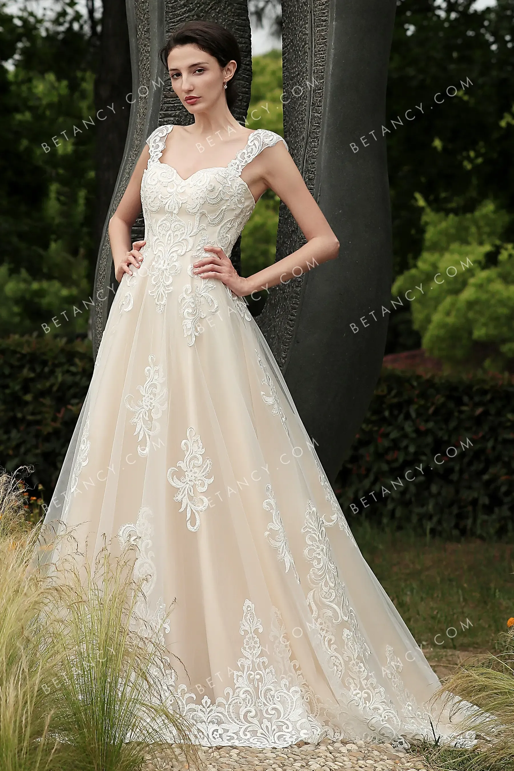 Lace Appliqued Champagne Sweetheart A-line Bridal Gown