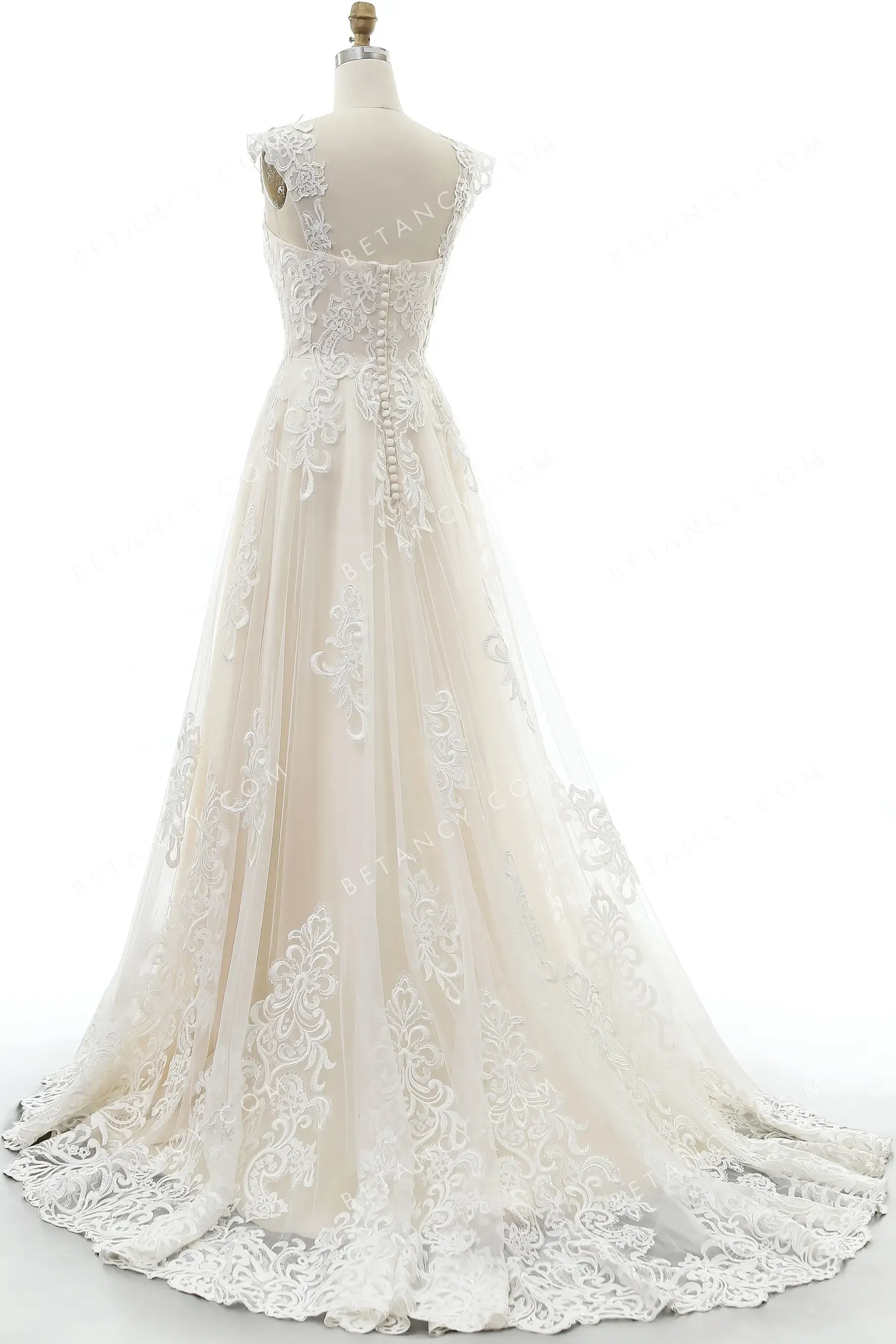 Lace Appliqued Champagne Sweetheart A-line Bridal Gown