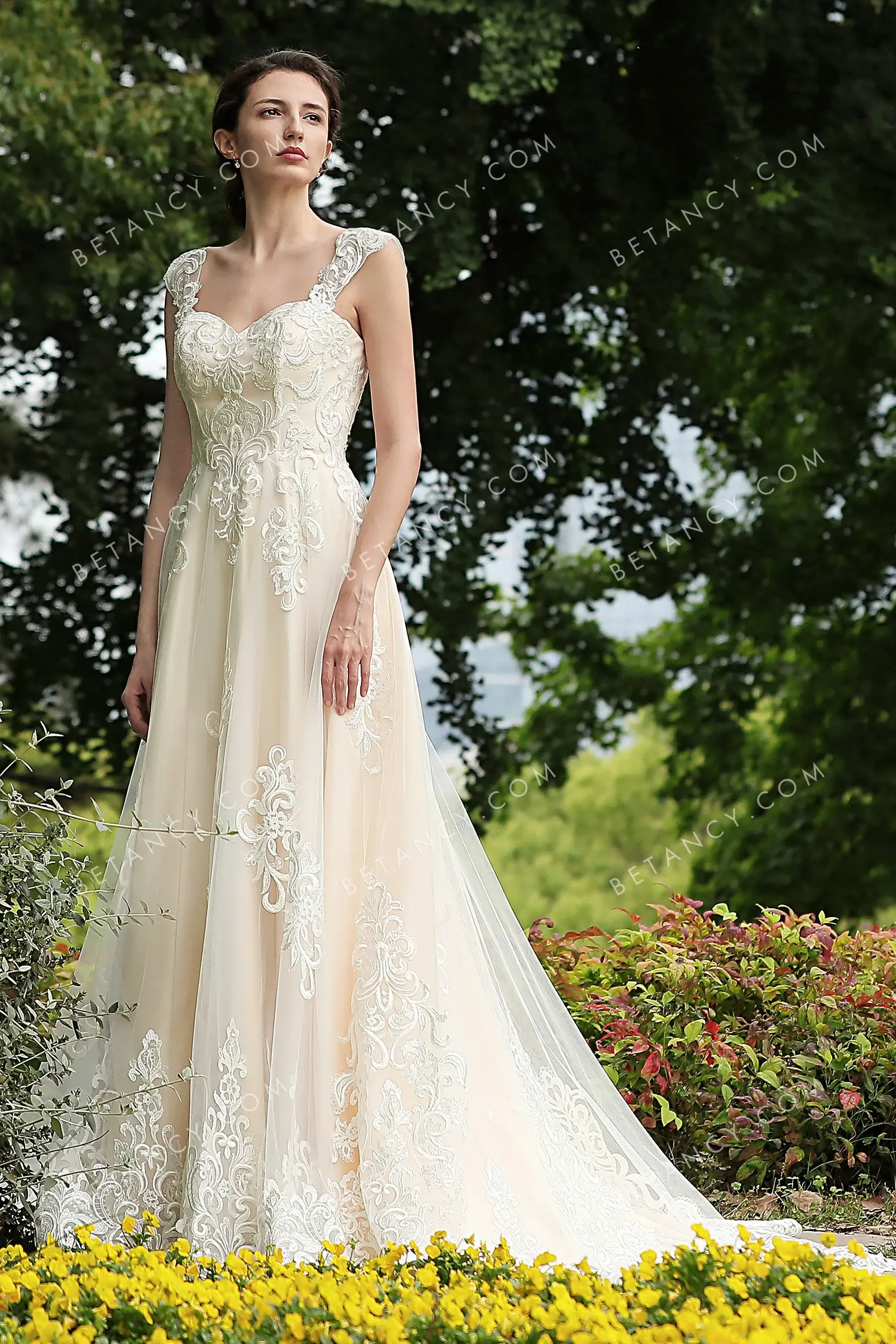 Lace Appliqued Champagne Sweetheart A-line Bridal Gown