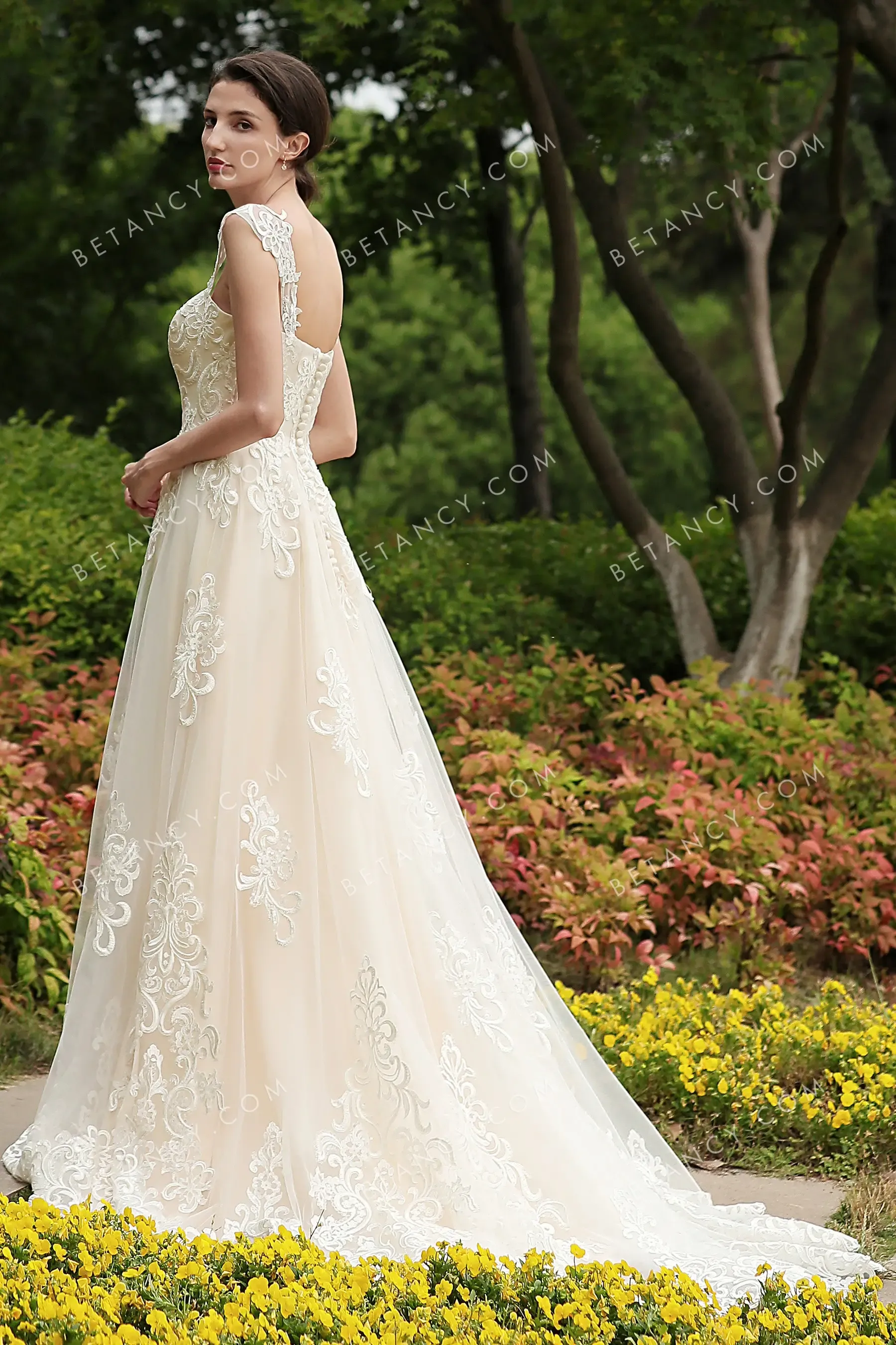 Lace Appliqued Champagne Sweetheart A-line Bridal Gown