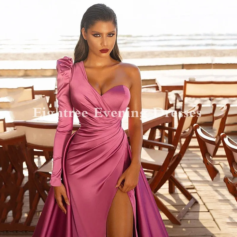 LANFUBEISI Eightree Elegant Mermaid Long Side Split Prom Dresses Long Train One Sleeve Long Sleeves Night Evening Gown Formal Party Dress