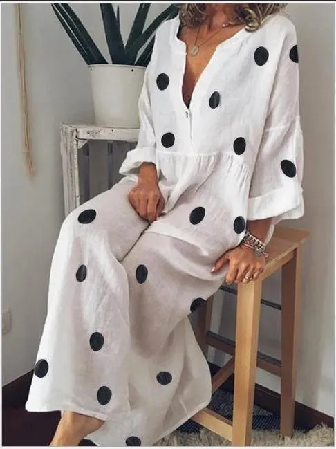 Linen V Neck Dot Print Long Sleeves Dresses