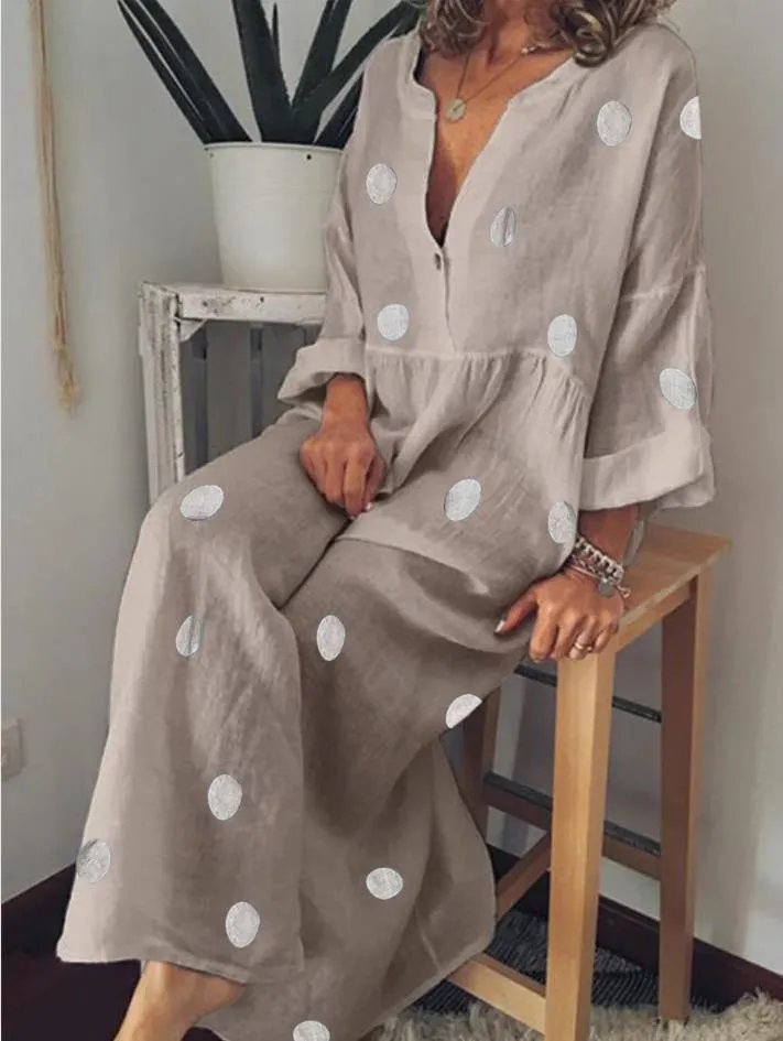 Linen V Neck Dot Print Long Sleeves Dresses