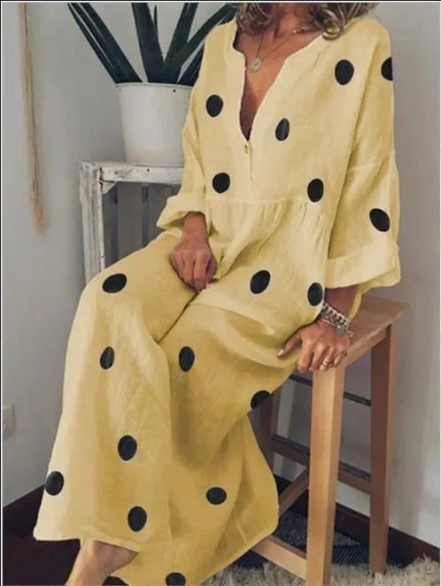 Linen V Neck Dot Print Long Sleeves Dresses