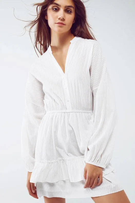 Long Sleeve Skater Textured Short Dress In White