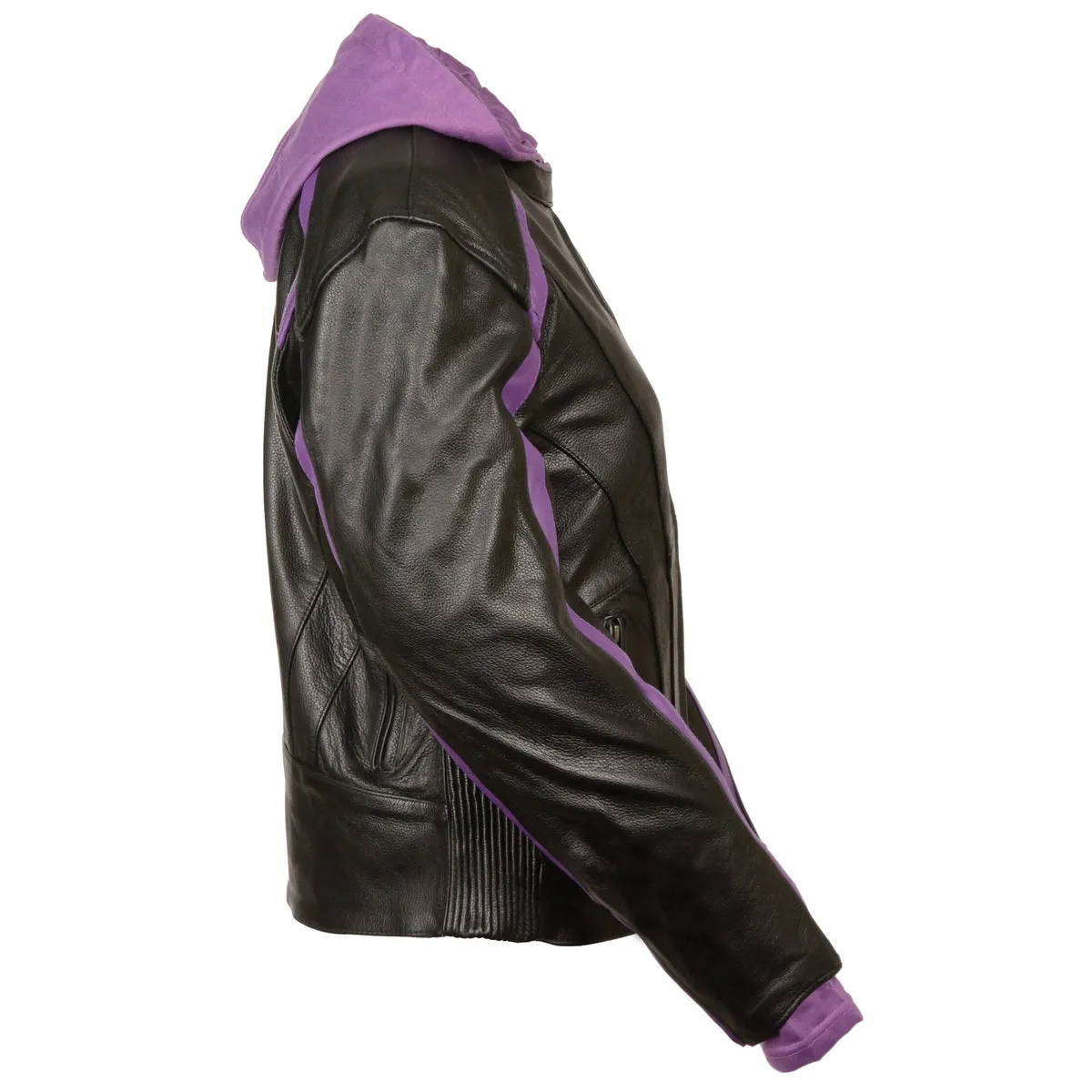 Milwaukee Leather SH1951 Women's Striped Black and Purple Leather Jacket with Zip-Out Hoodie