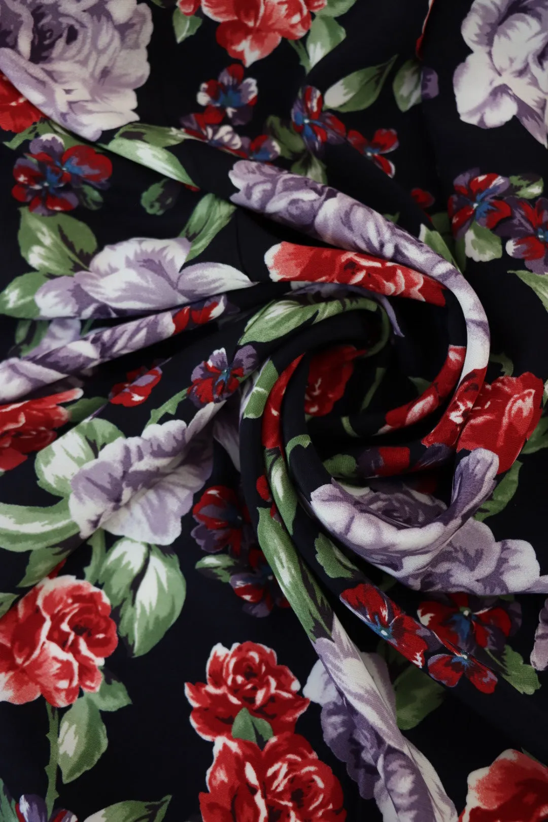 Monica Floral on Black Viscose Satin