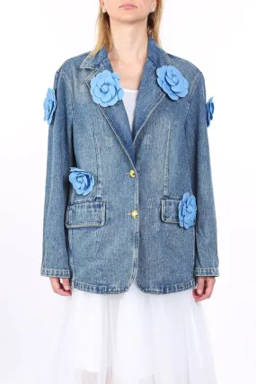 Multi Floral Corsage Single Breasted Denim Jacket