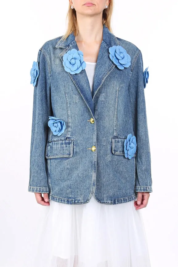 Multi Floral Corsage Single Breasted Denim Jacket