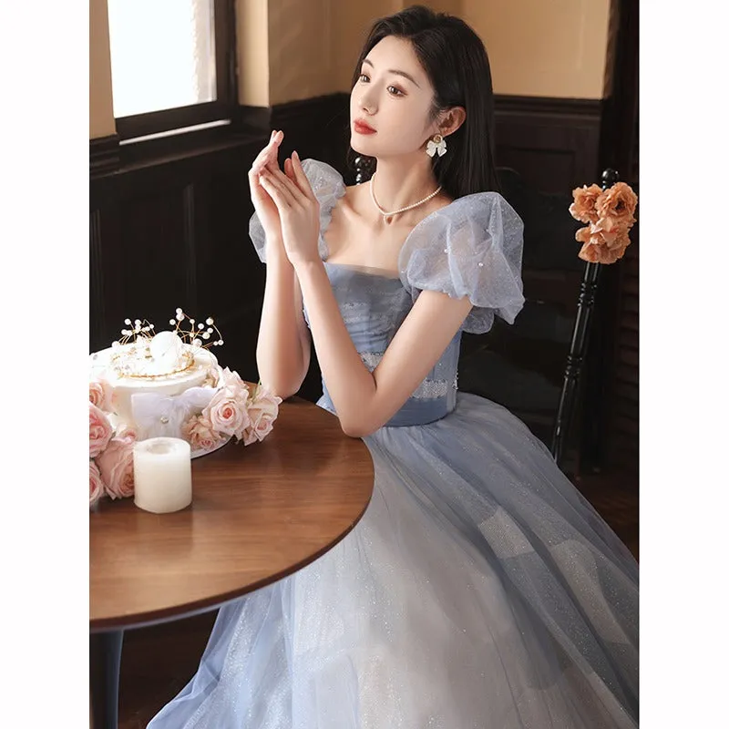 Off Shoulder Blue Sparkly Prom Dress A Line Tulle Puff Sleeves Blue Party Gown 591