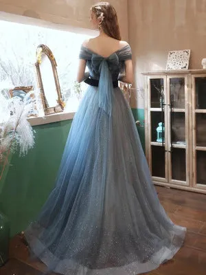 Off Shoulder Blue Tulle Prom Dress A Line Long Formal Evening Party Gown 637