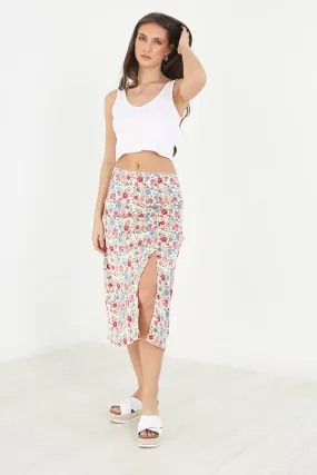 PAISLEY PRINT FRONT SPLIT DETAIL MIDI SKIRT