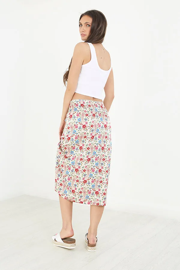 PAISLEY PRINT FRONT SPLIT DETAIL MIDI SKIRT