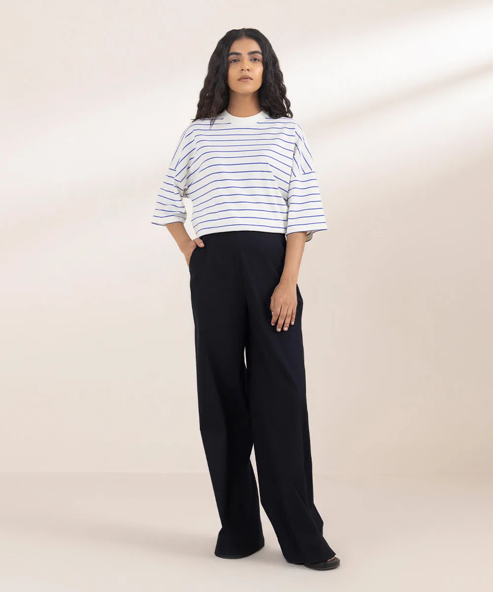 Seersucker Wide Leg Trousers