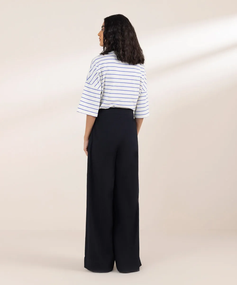 Seersucker Wide Leg Trousers