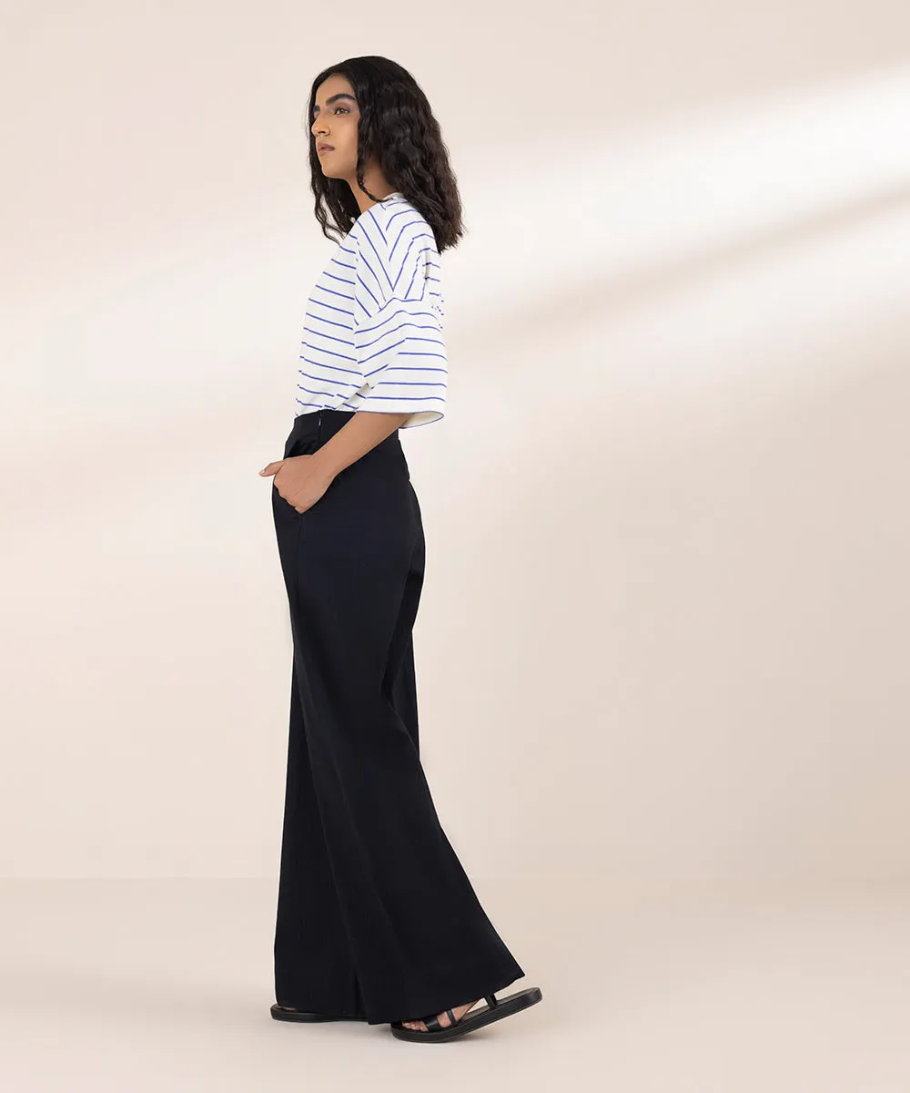 Seersucker Wide Leg Trousers