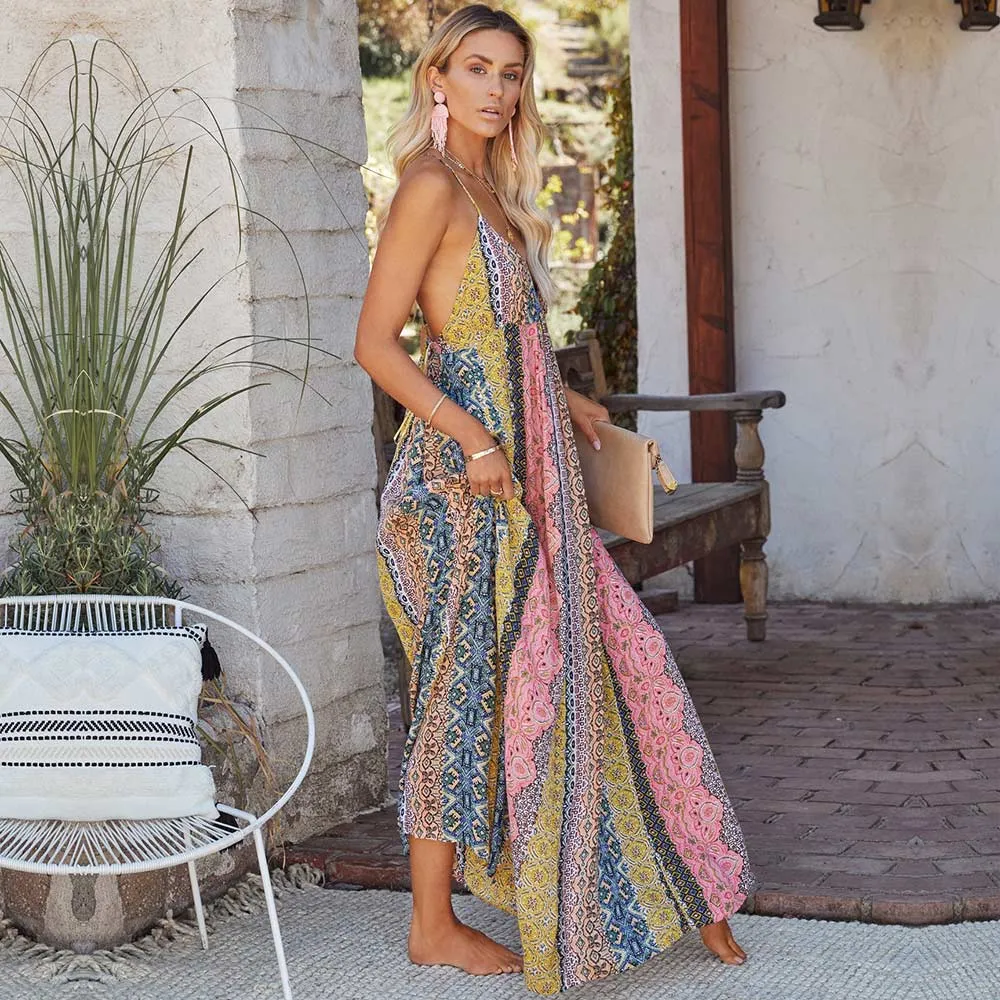 Sexy Deep V Neck Bohemian Print Maxi Dress