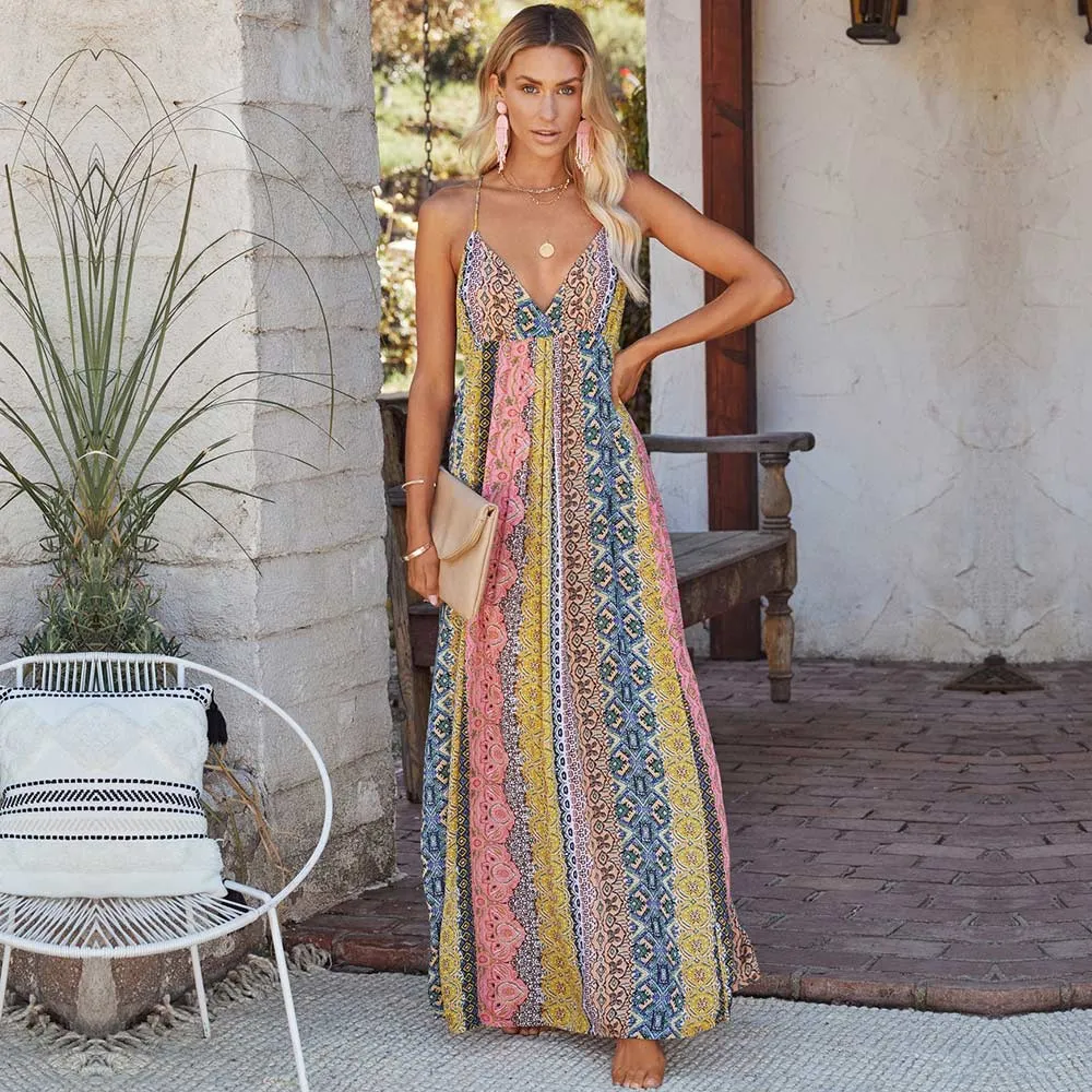 Sexy Deep V Neck Bohemian Print Maxi Dress